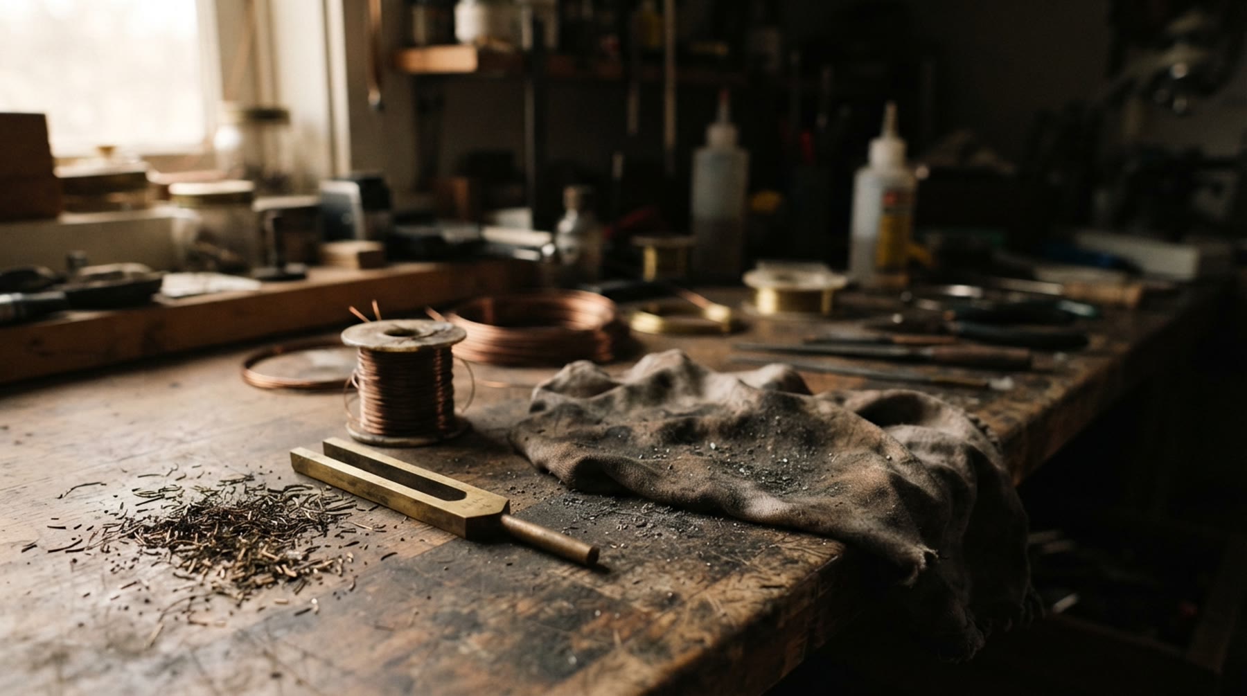 The Strummer workbench: coiled wire, a tuning fork, metal filings.